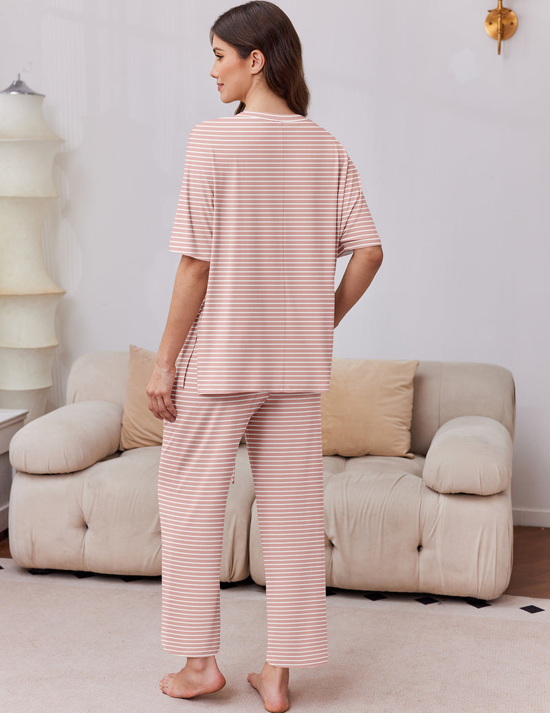 Light pink striped short-sleeve pajama set with matching long pants