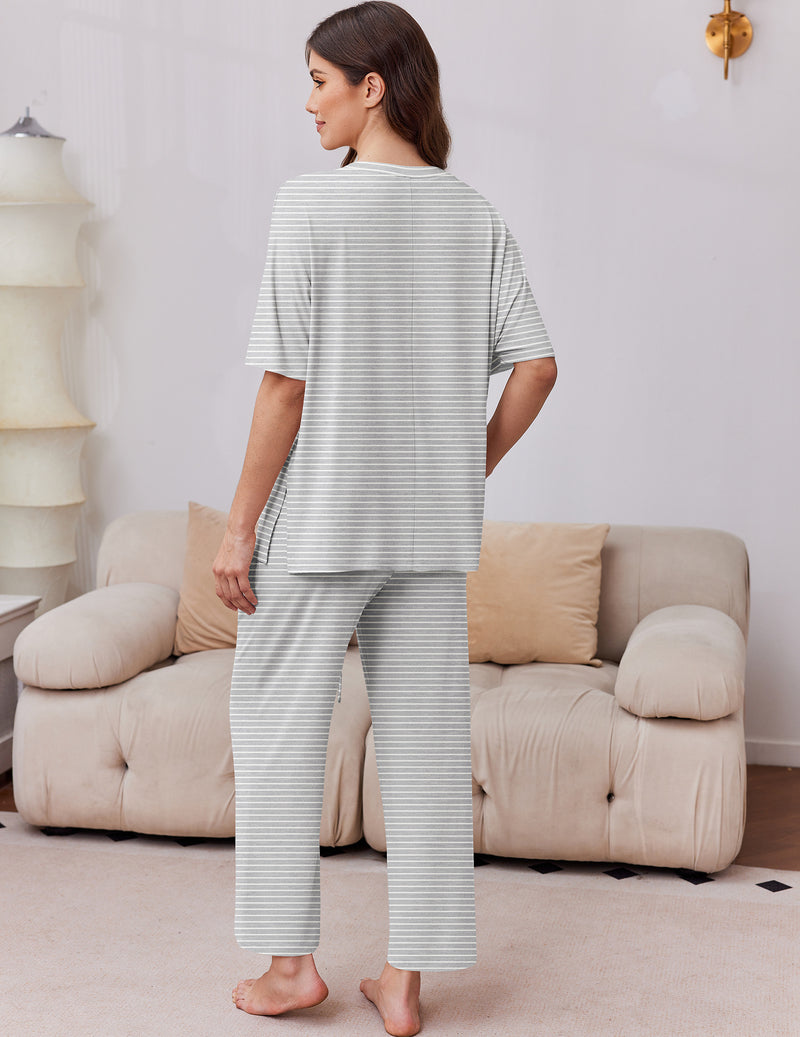 Light gray striped V-neck short-sleeve pajama set with matching long pants