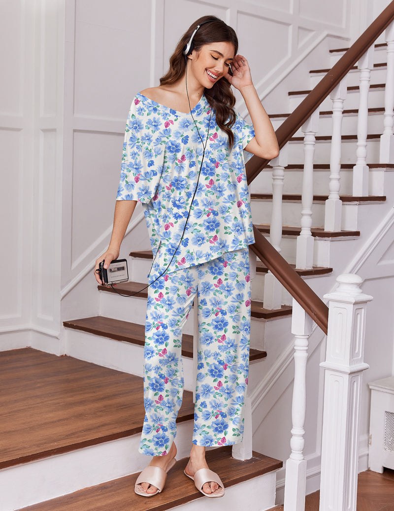 Blue floral off-shoulder short-sleeve pajama set with matching long pants