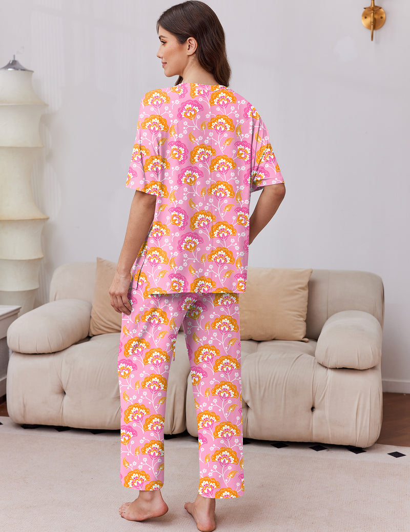 Pink paisley short-sleeve pajama set with matching long pants