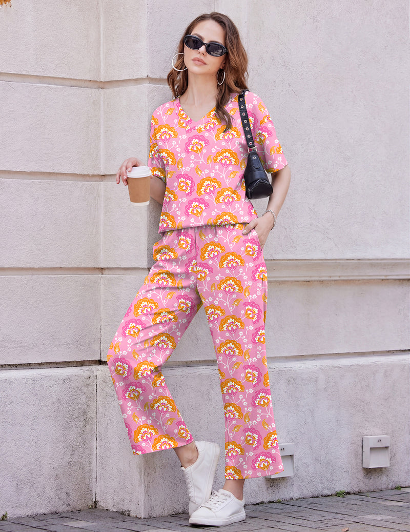 Pink paisley V-neck short-sleeve pajama set with matching long pants