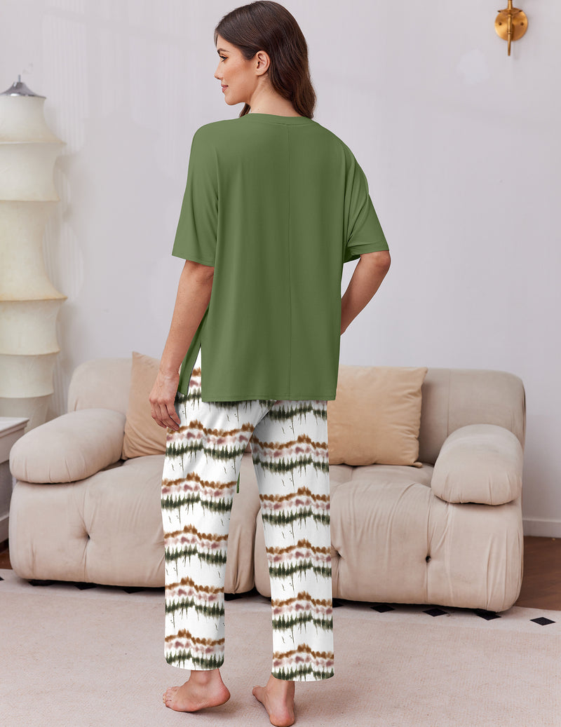 Women’s short-sleeve pajama set, olive green top with patterned tie-dye stripe pants