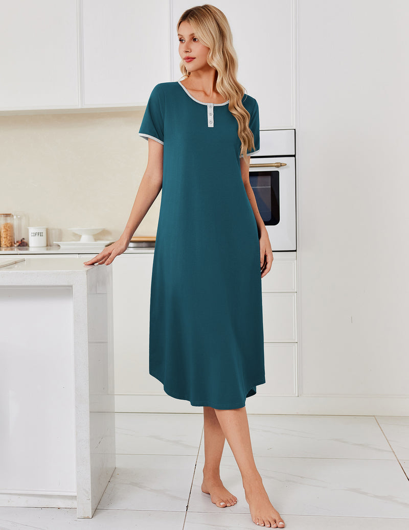 Teal short-sleeve house dress with keyhole button placket