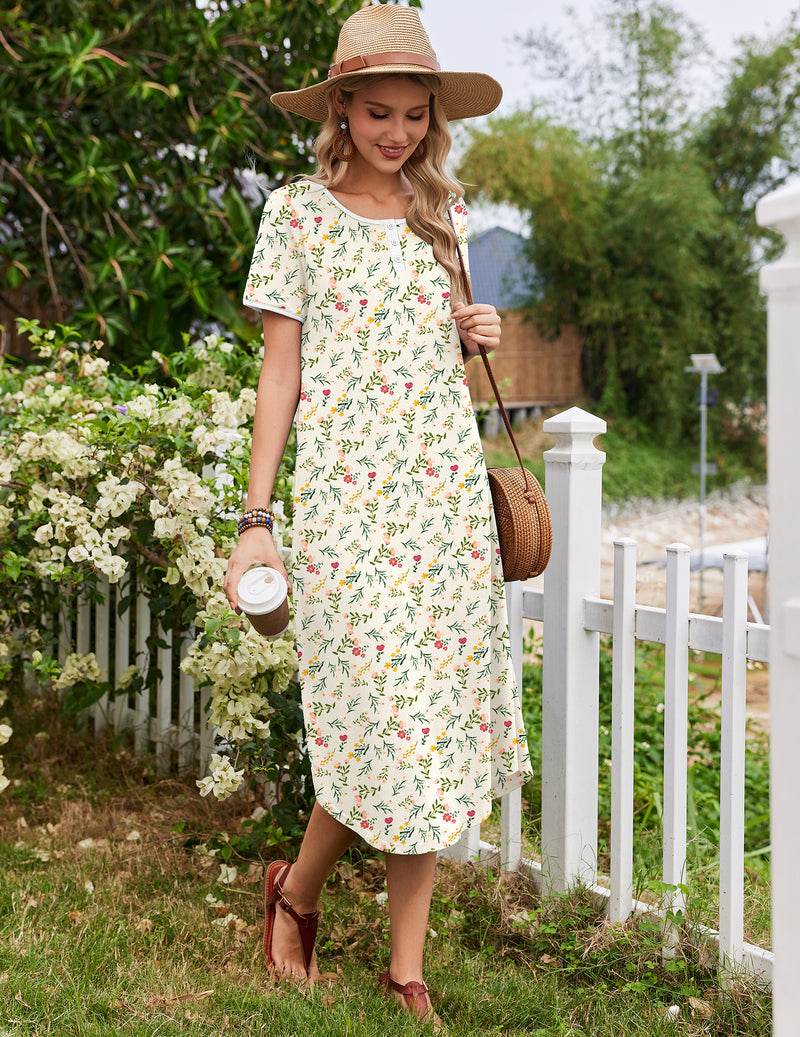 White short-sleeve floral cotton house dress with button neckline, midi length