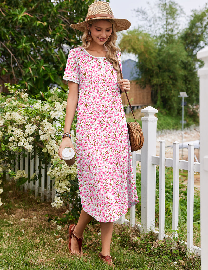 Pink short-sleeve floral cotton house dress with button neckline, midi length