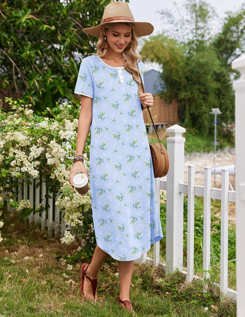 Light blue short-sleeve printed cotton house dress with button neckline, midi length