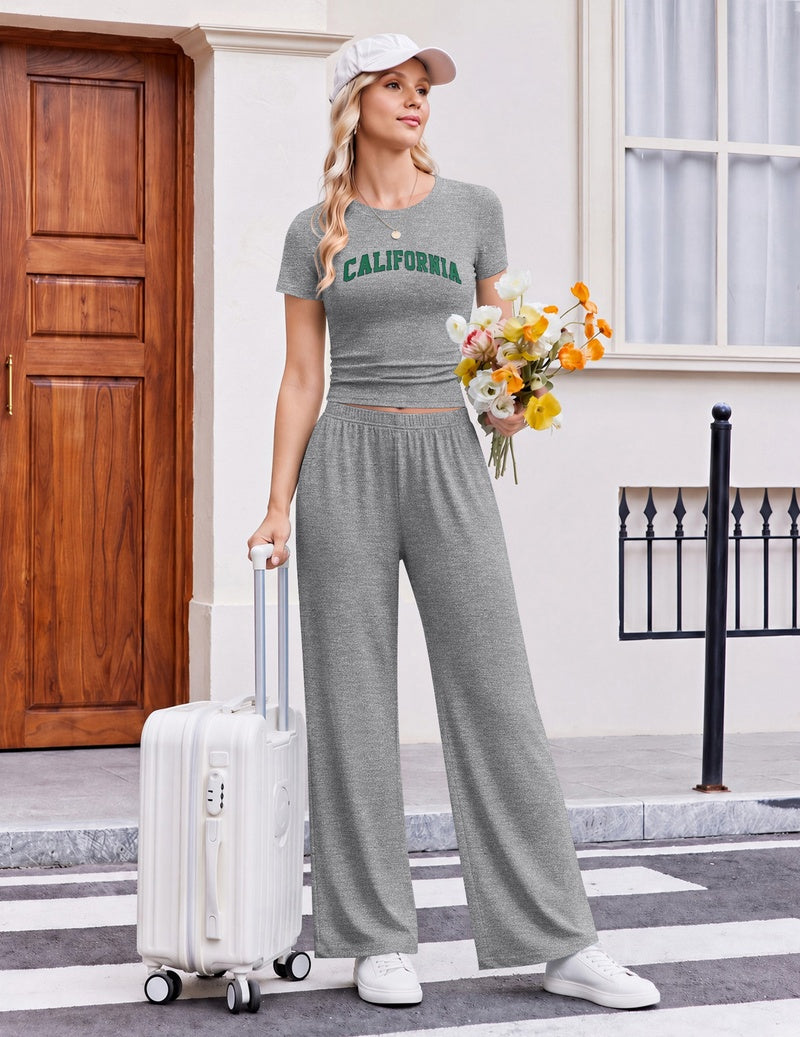 Grey crew neck short-sleeve top with California print and elastic waist wide-leg pants