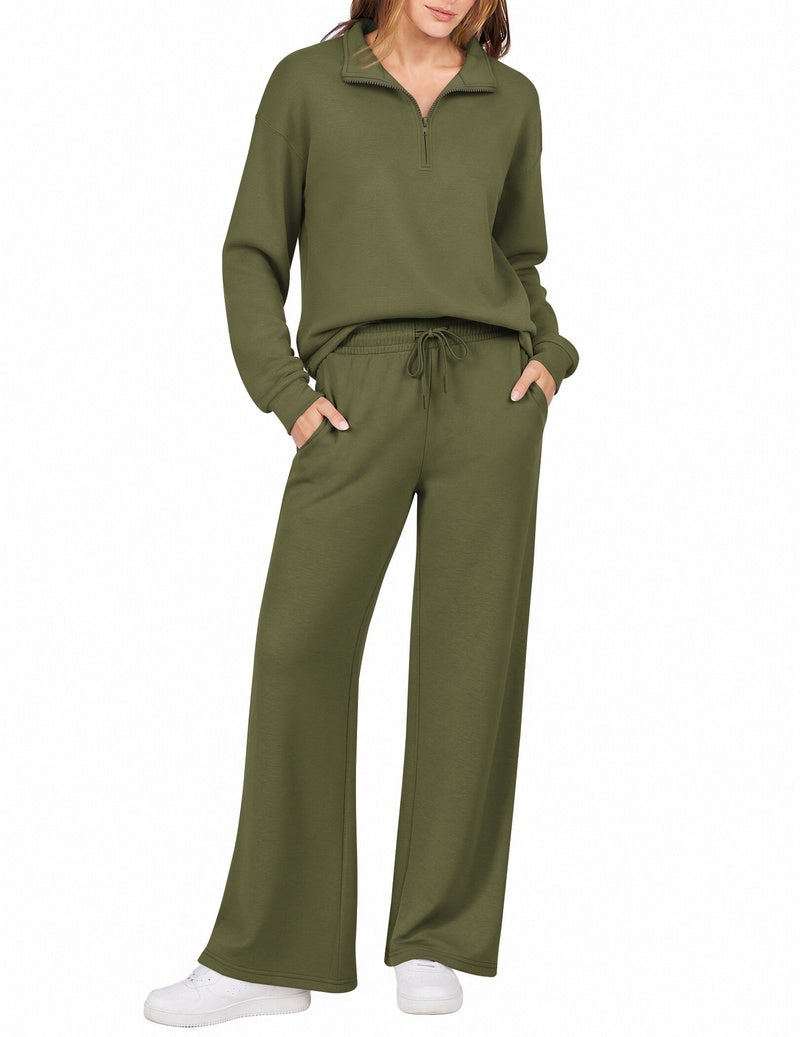 Olive green half-zip sweatshirt with turn-down collar and wide-leg drawstring pants set