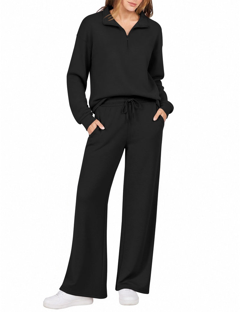 Black half-zip sweatshirt with turn-down collar and wide-leg drawstring pants set