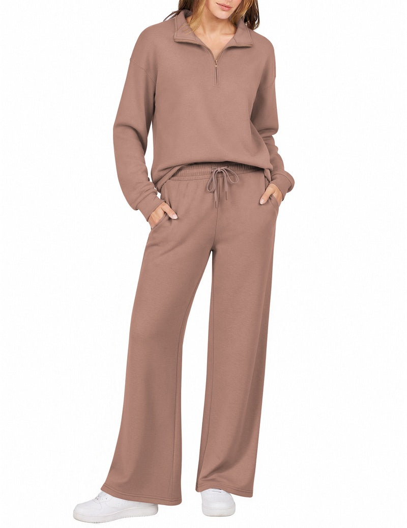 Taupe half-zip sweatshirt with turn-down collar and wide-leg drawstring pants set