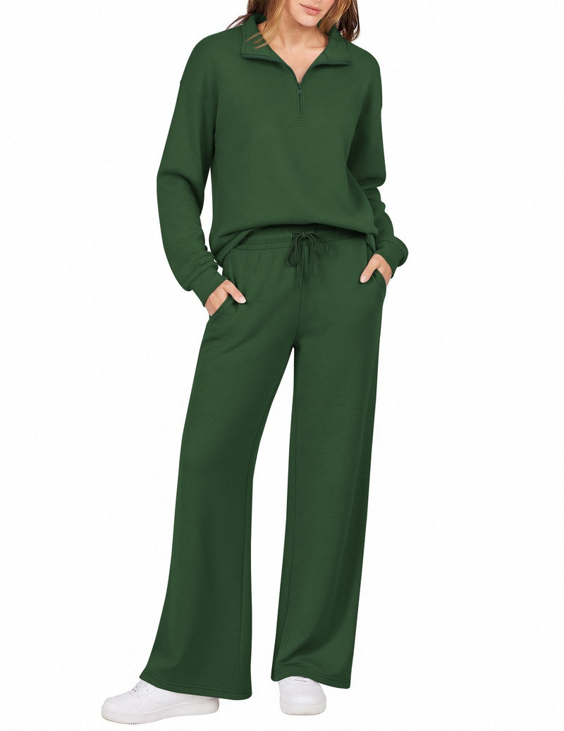 Dark green half-zip sweatshirt with turn-down collar and wide-leg drawstring pants set