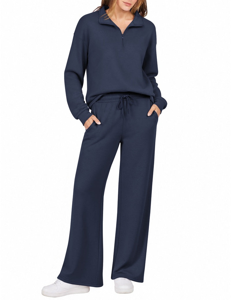 Navy half-zip sweatshirt set with turn-down collar and wide-leg drawstring pants