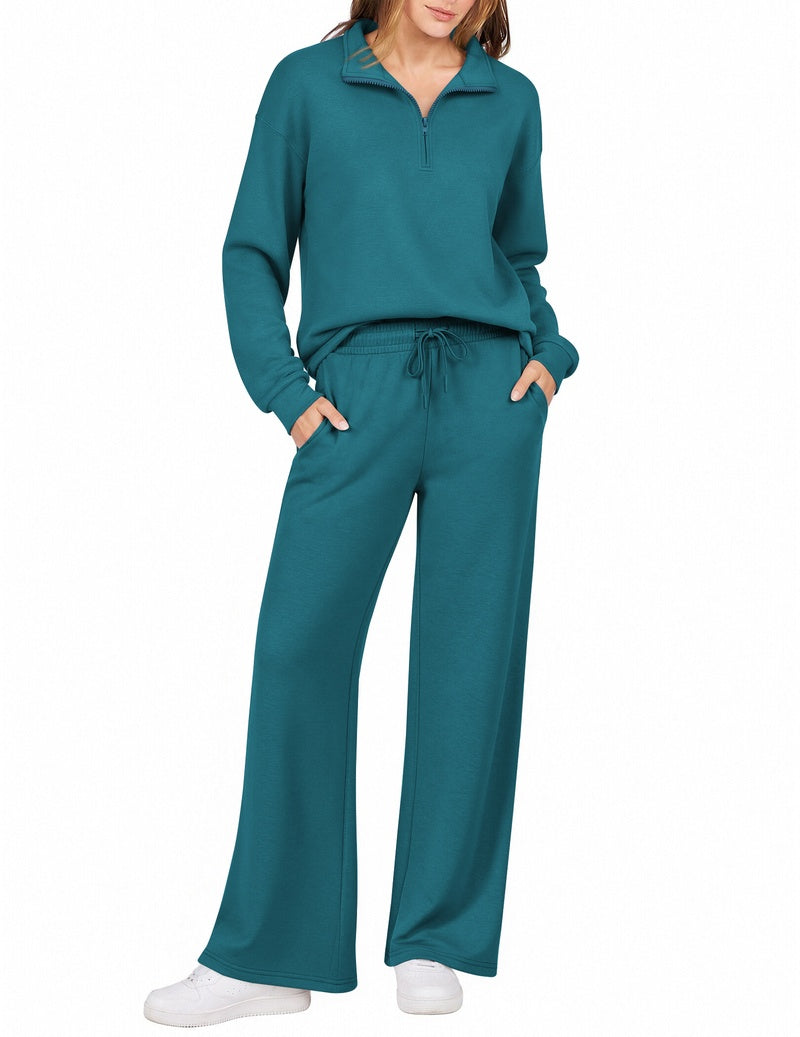 Blue-green half-zip sweatshirt set with turn-down collar and wide-leg drawstring pants