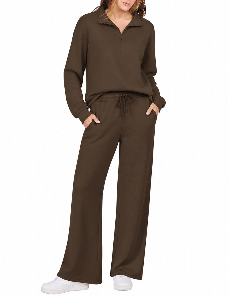 Brown half-zip sweatshirt set with turn-down collar and wide-leg drawstring pants