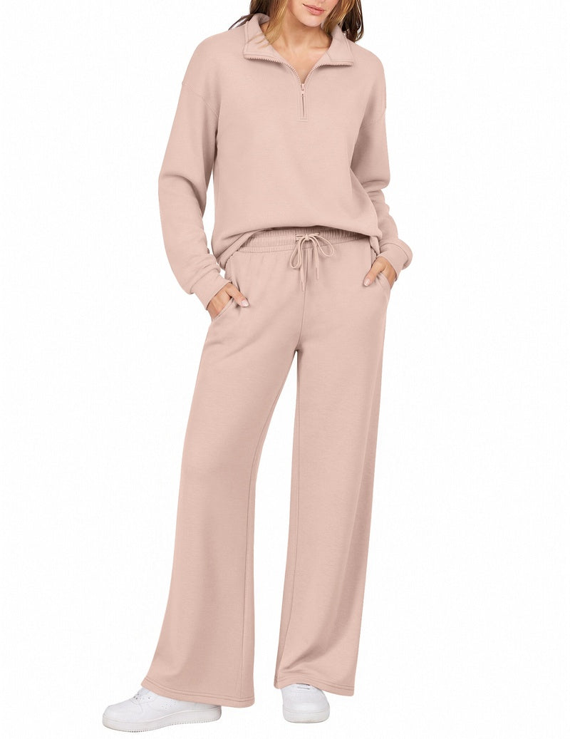 Beige half-zip sweatshirt set with turn-down collar and wide-leg drawstring pants