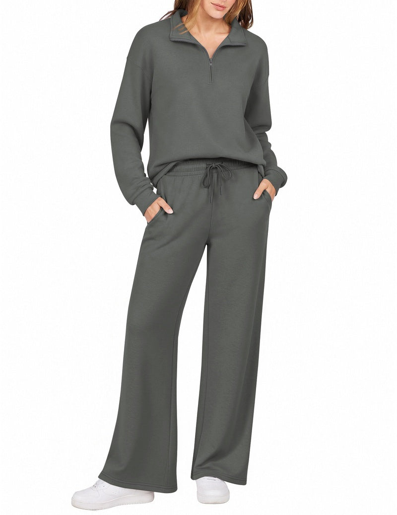 Dark gray half-zip sweatshirt set with turn-down collar and wide-leg drawstring pants