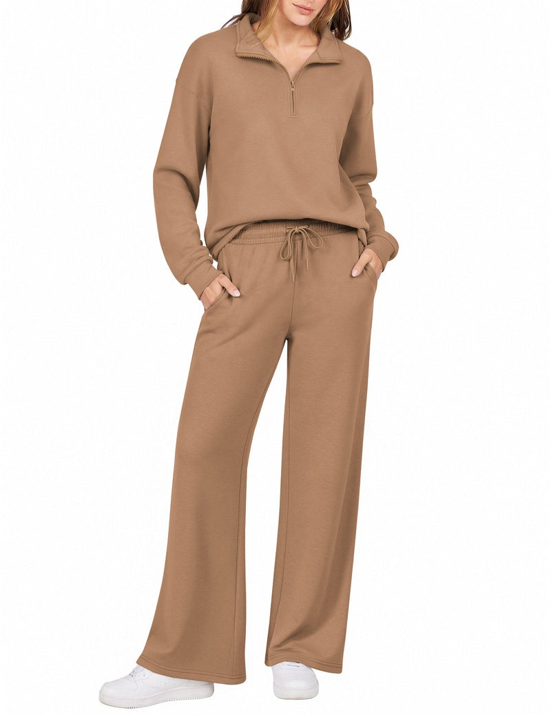 Khaki half-zip sweatshirt set with turn-down collar and wide-leg drawstring pants