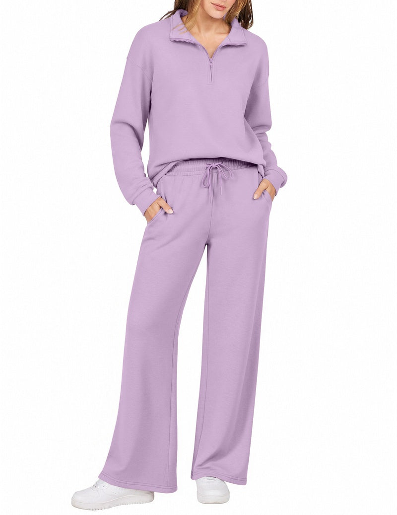 Lavender half-zip sweatshirt set with turn-down collar and wide-leg drawstring pants