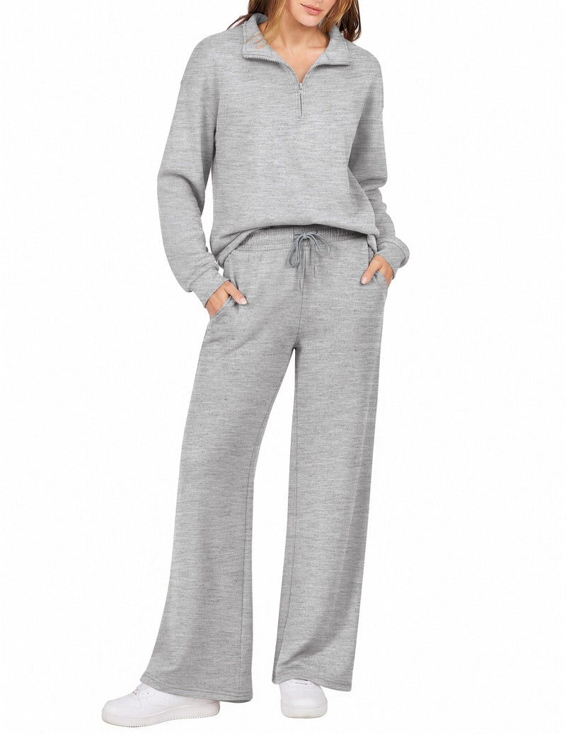 Light gray half-zip sweatshirt set with turn-down collar and wide-leg drawstring pants