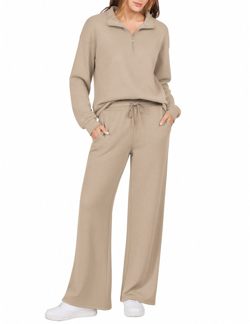 Champagne beige half-zip sweatshirt set with turn-down collar and wide-leg drawstring pants