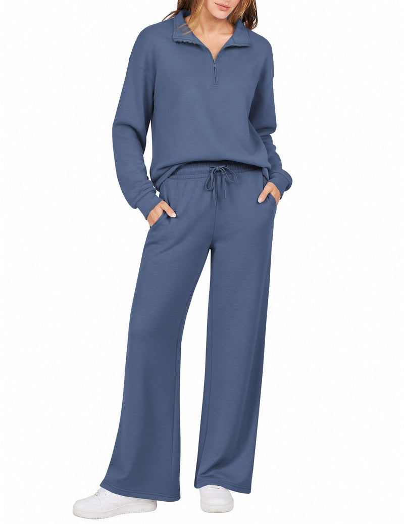 Dark blue half-zip sweatshirt set with turn-down collar and wide-leg drawstring pants