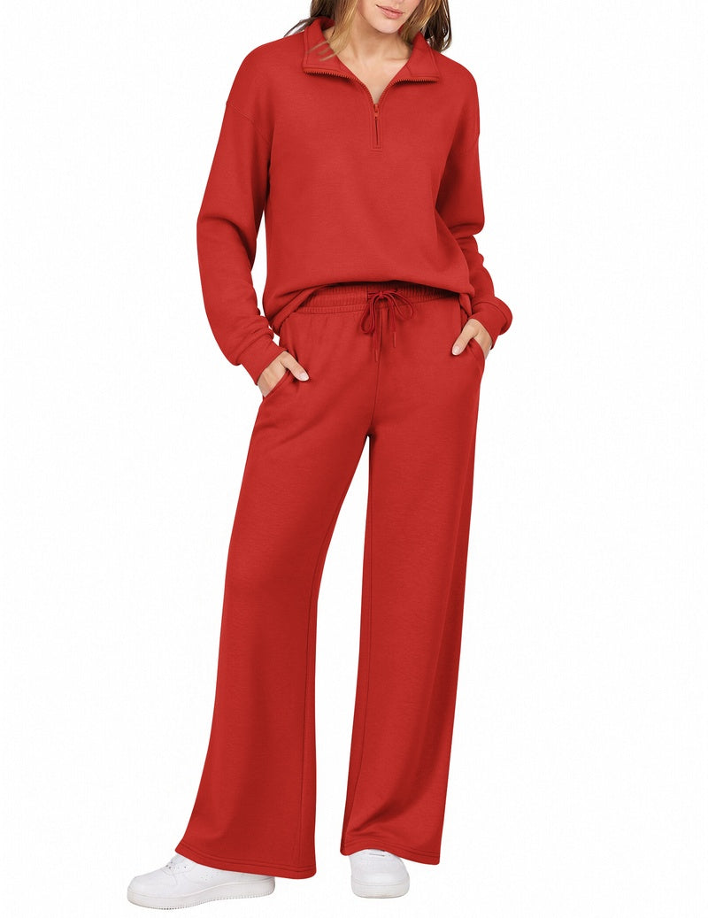 Wine red half-zip sweatshirt with turn-down collar and drawstring wide-leg pants set