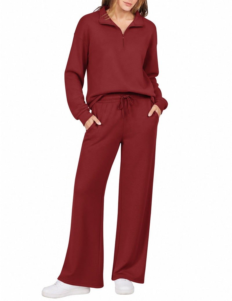 Wine red half-zip sweatshirt and drawstring wide-leg pants set with turn-down collar