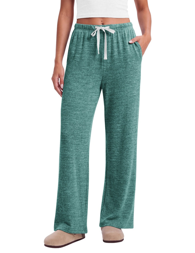 Women's heather green wide-leg lounge pants with elastic waist, drawstring and pockets