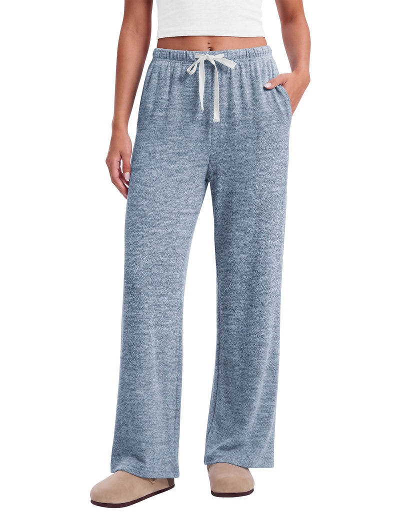 Women's heather blue wide-leg lounge pants with elastic waist, drawstring and pockets