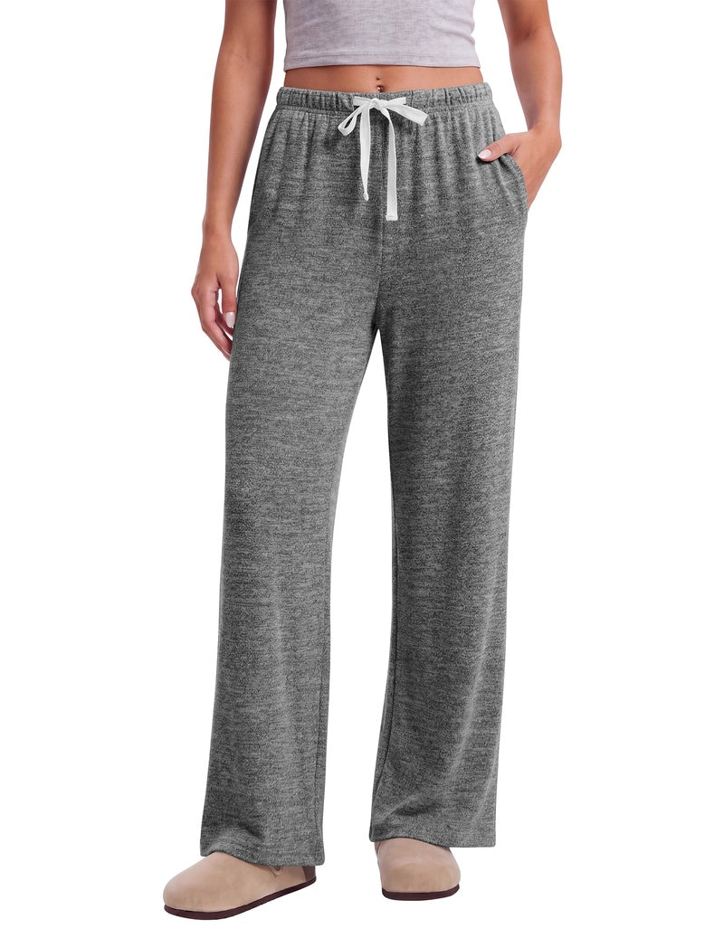 Women's dark heather gray wide-leg lounge pants with elastic waist, drawstring and pockets