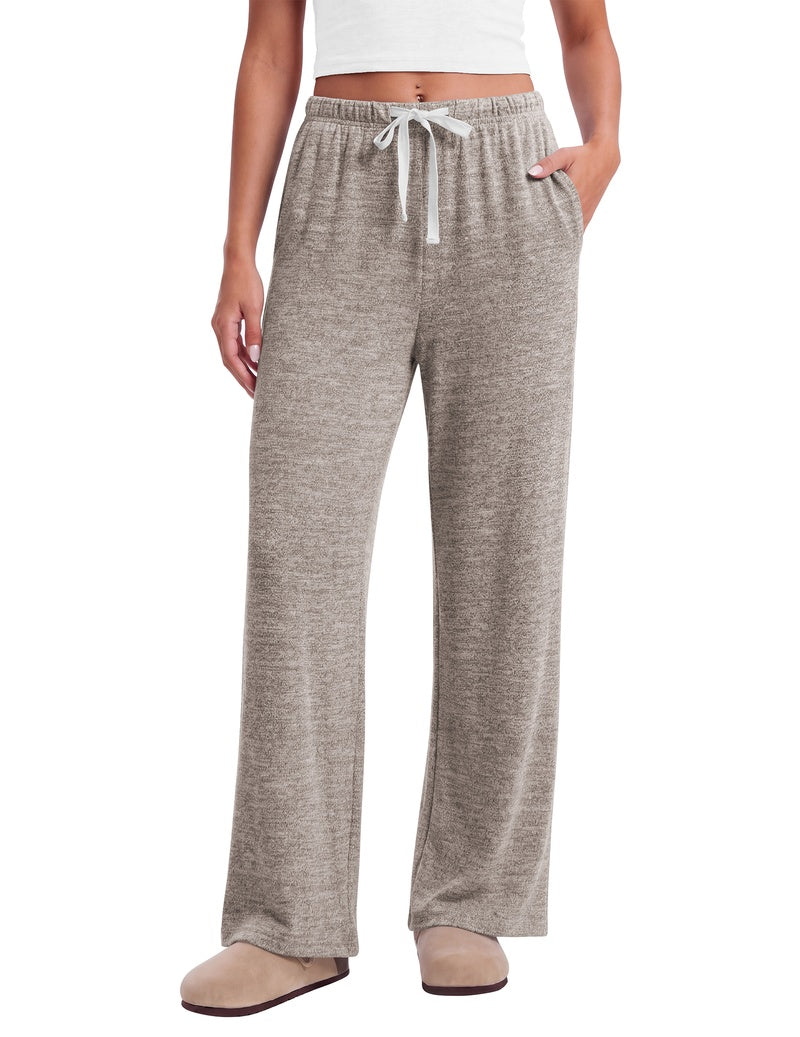 Women's heather light brown wide-leg lounge pants with elastic waist, drawstring and pockets