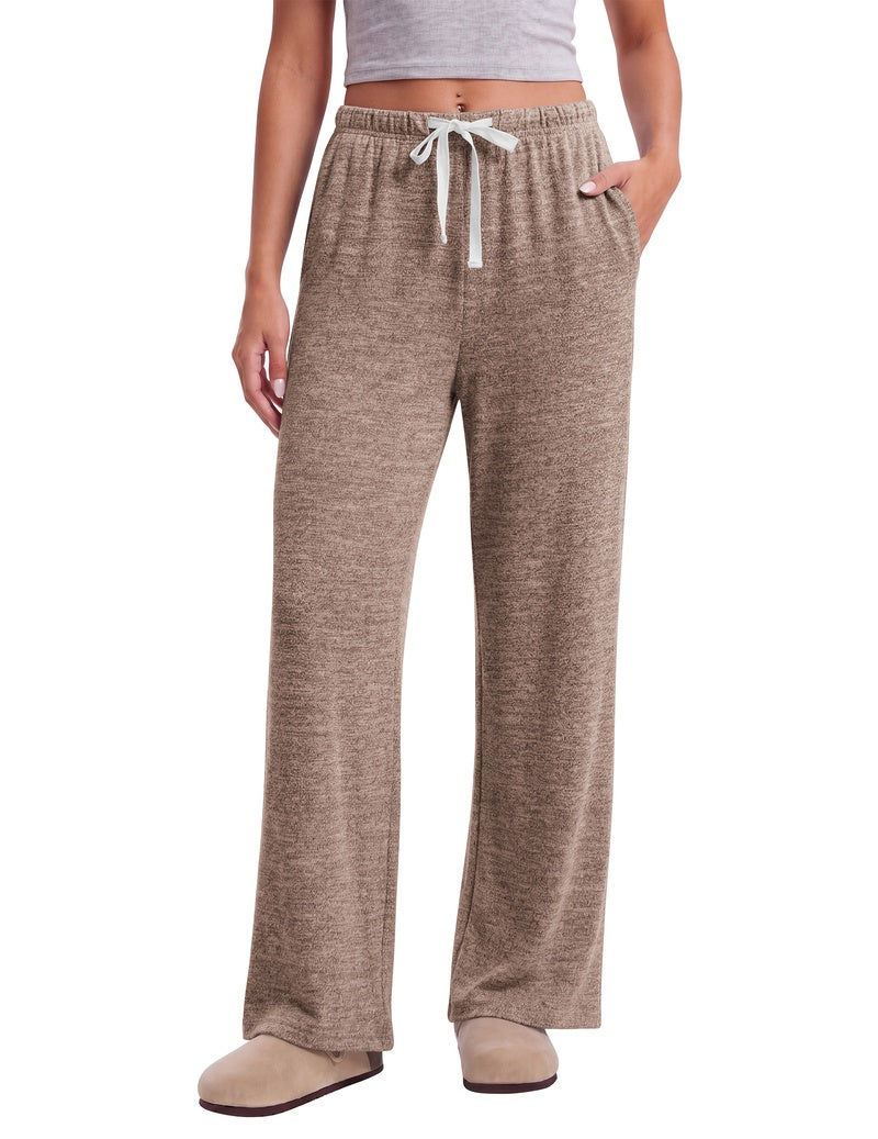 Women's heather light brown wide-leg lounge pants with elastic waist, drawstring and pockets