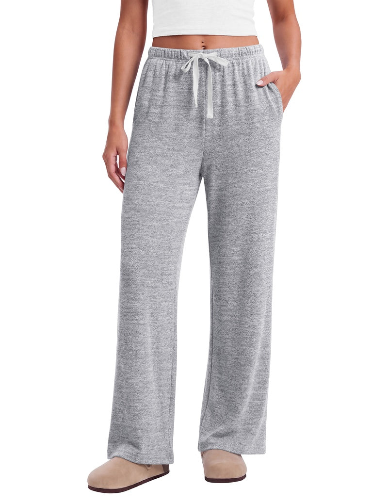 Women's heather gray wide-leg lounge pants with elastic waist, drawstring and pockets, front view
