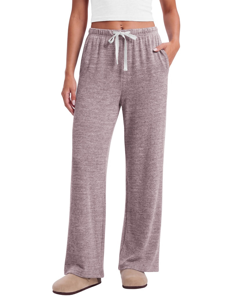Women's heather mauve-taupe wide-leg lounge pants with elastic waist, drawstring and pockets