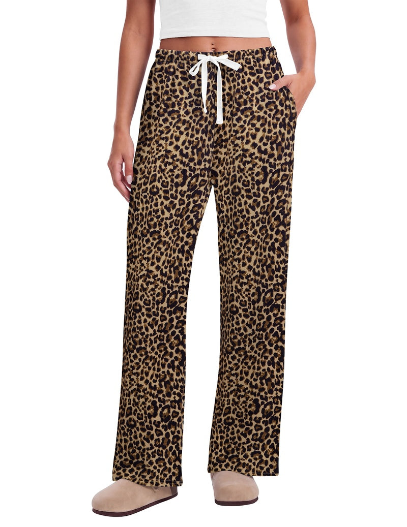 Leopard print wide-leg lounge pants with elastic drawstring waist