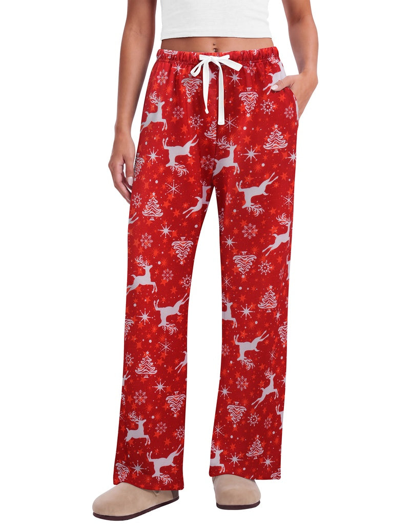 Red festive wide-leg lounge pants with reindeer print and elastic drawstring waist