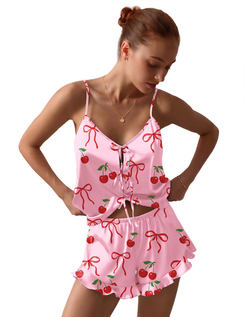 Satin bow-front pajama camisole and ruffled shorts set, pink with cherry bow print