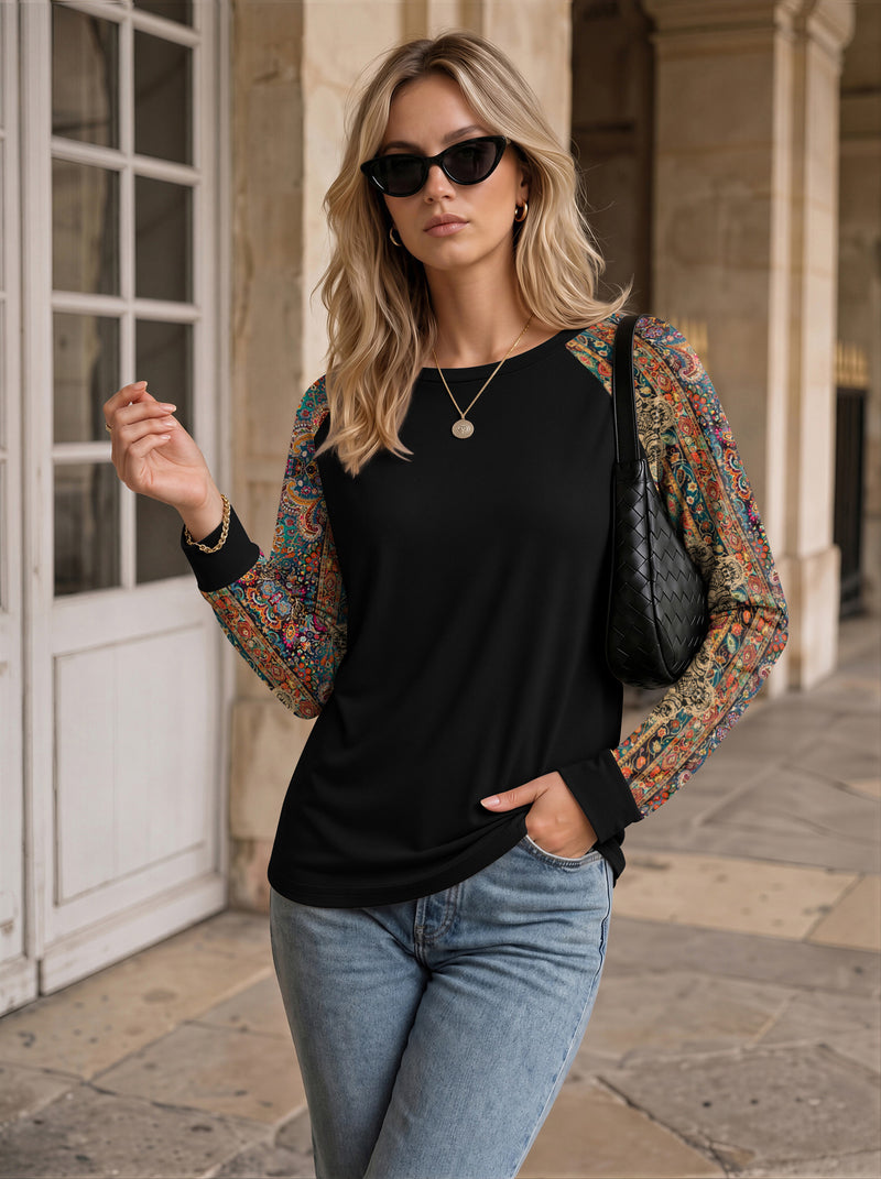 Ekouaer Color Block Raglan Long Sleeve Crew Neck Top
