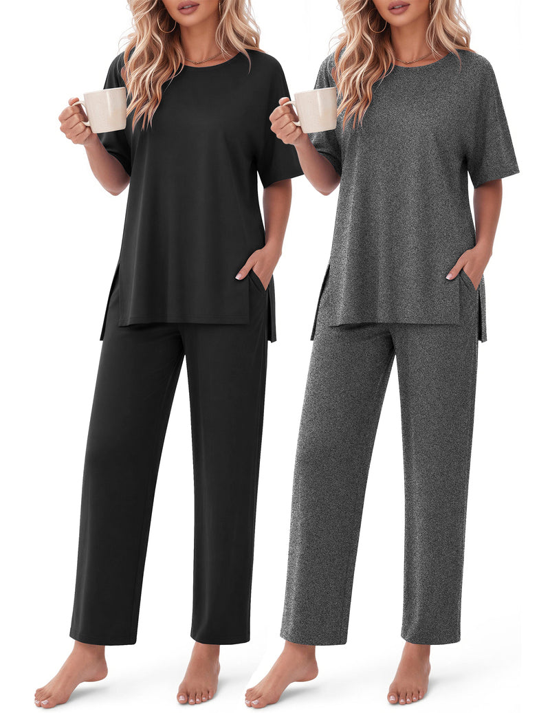 2-piece lounge set with short-sleeve top and pants: black solid and dark grey heather