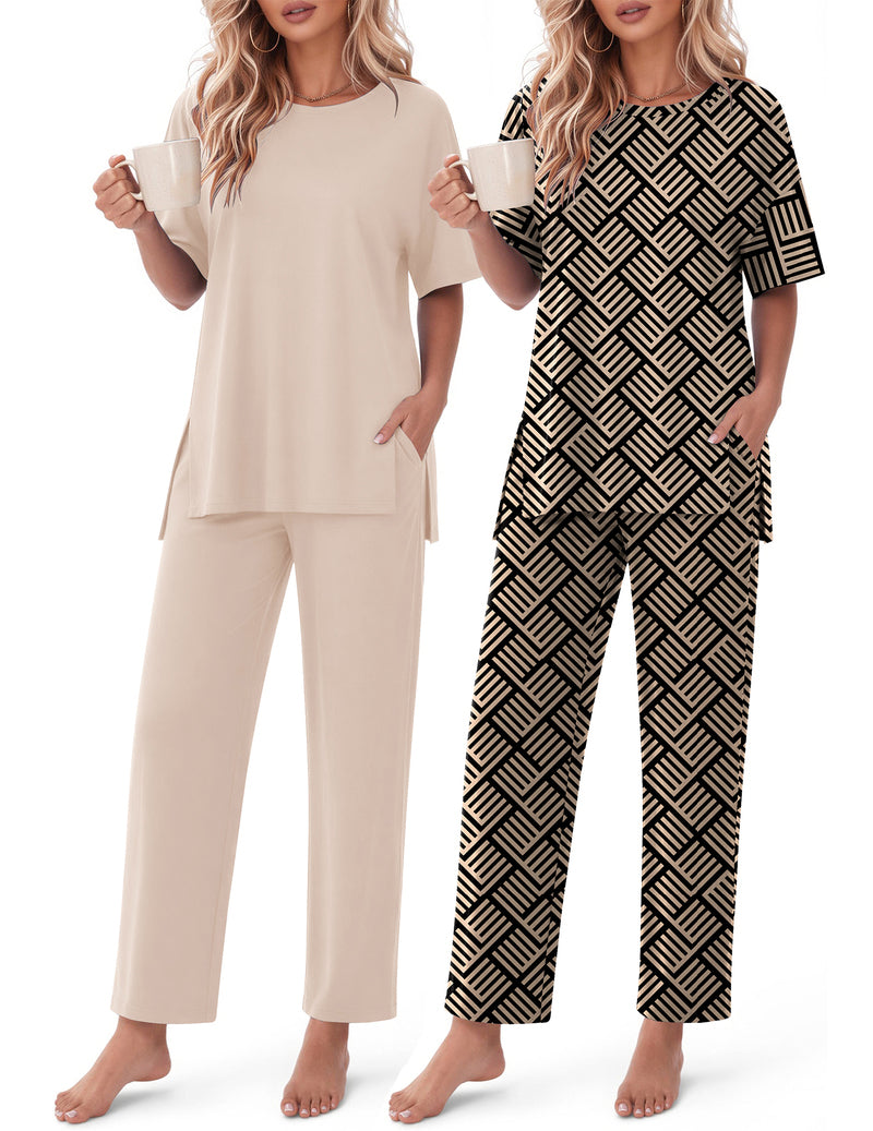 2-piece lounge set with oversized top and matching pants: cream solid and black geometric