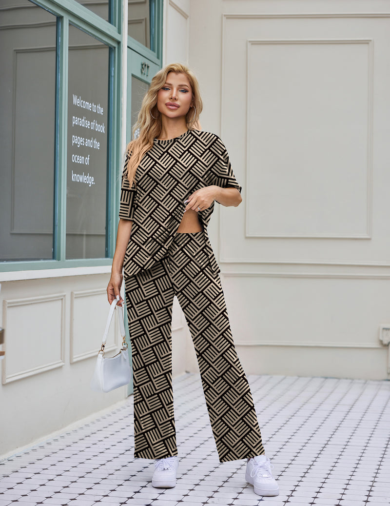 2-piece lounge set with black-and-cream geometric top and matching wide-leg pants
