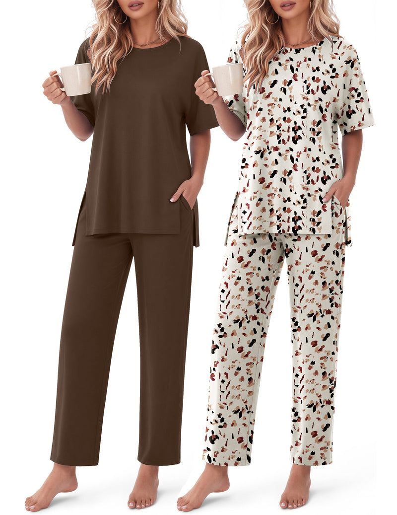 2-piece lounge set: chocolate brown set and cream floral print top with matching pants