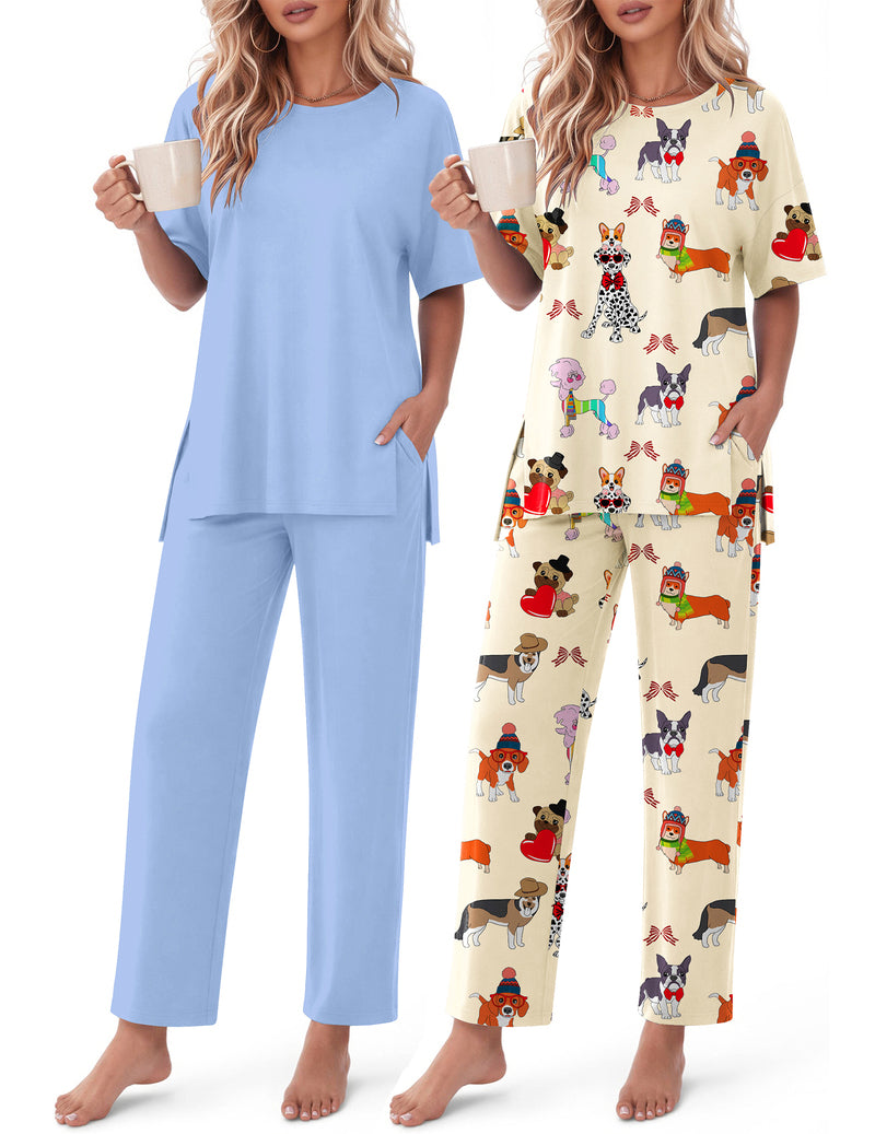 2-piece lounge set: light blue solid top and pants plus cream cartoon print set