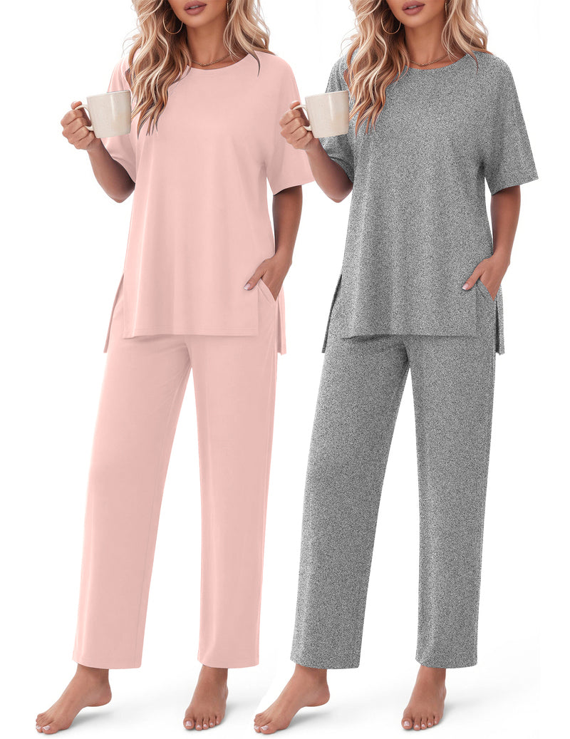 2-piece lounge set in pink and grey, short-sleeve top with straight-leg pants