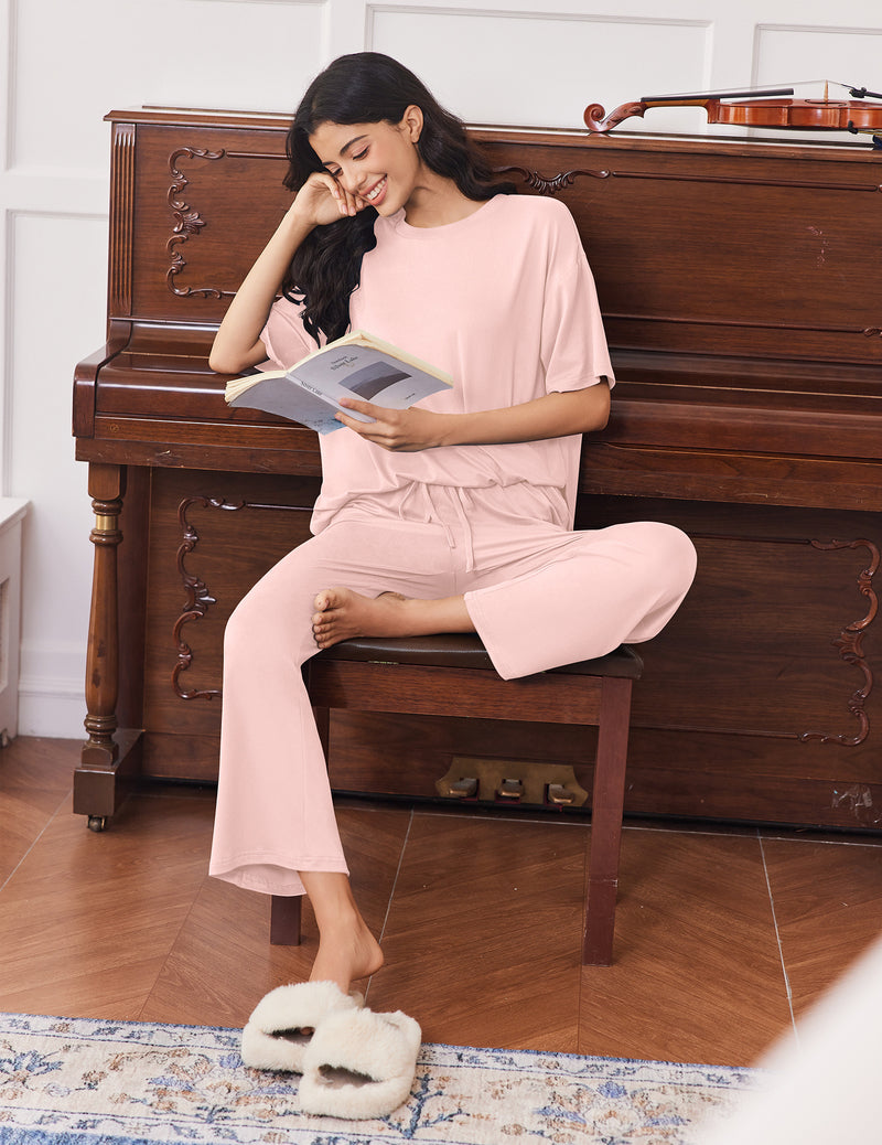 Pink 2-piece lounge set with short-sleeve top and straight-leg pants