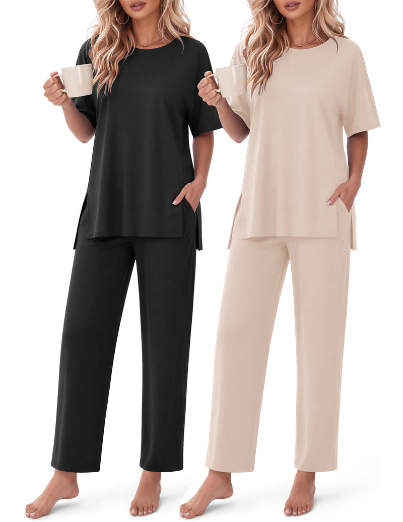 2-piece lounge set in black and beige, short-sleeve top with straight-leg pants