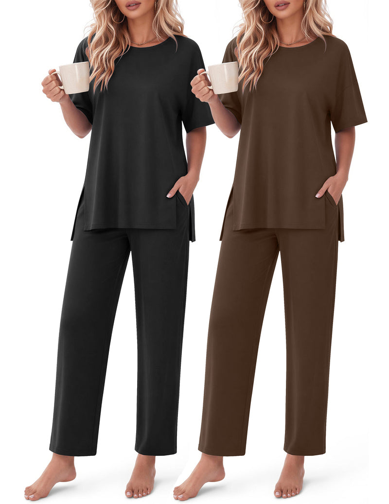 Black and brown 2-piece lounge set with short-sleeve tops and straight-leg pants