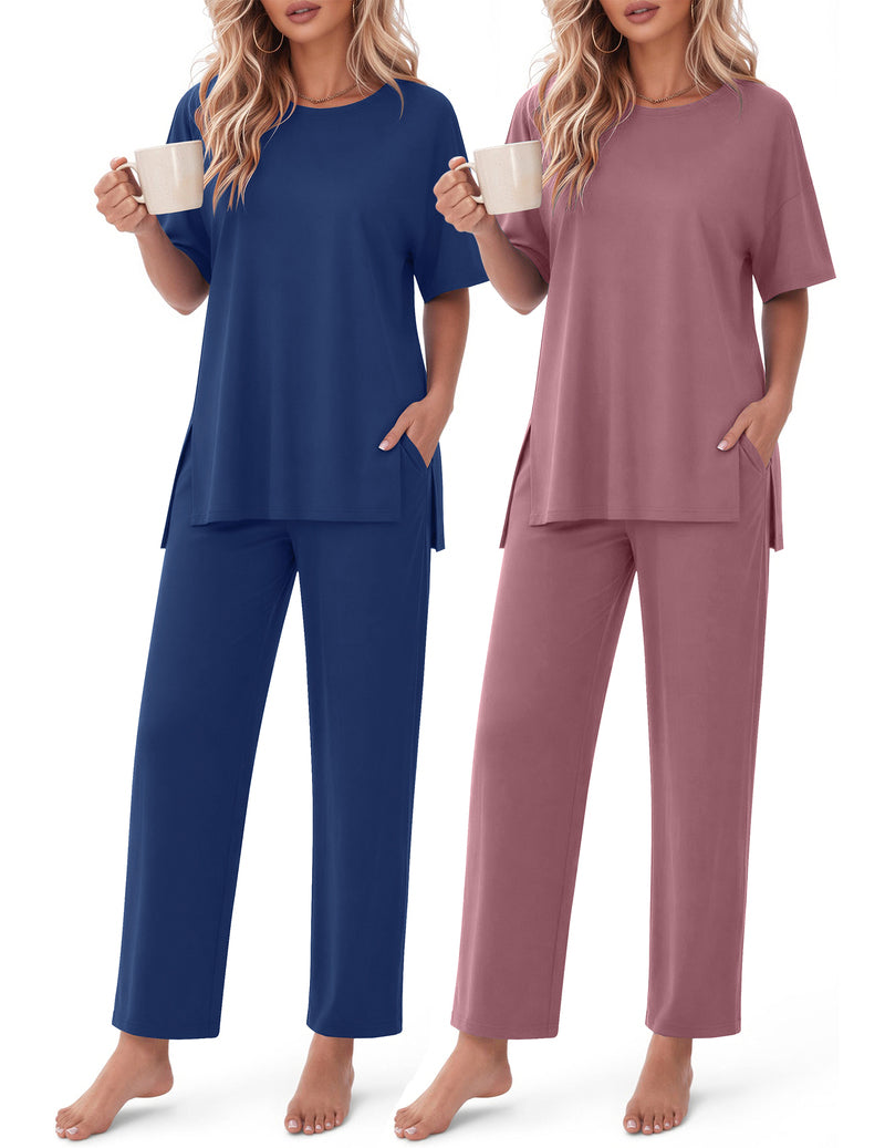 2-piece lounge set in navy and mauve, short-sleeve tops with straight-leg pants