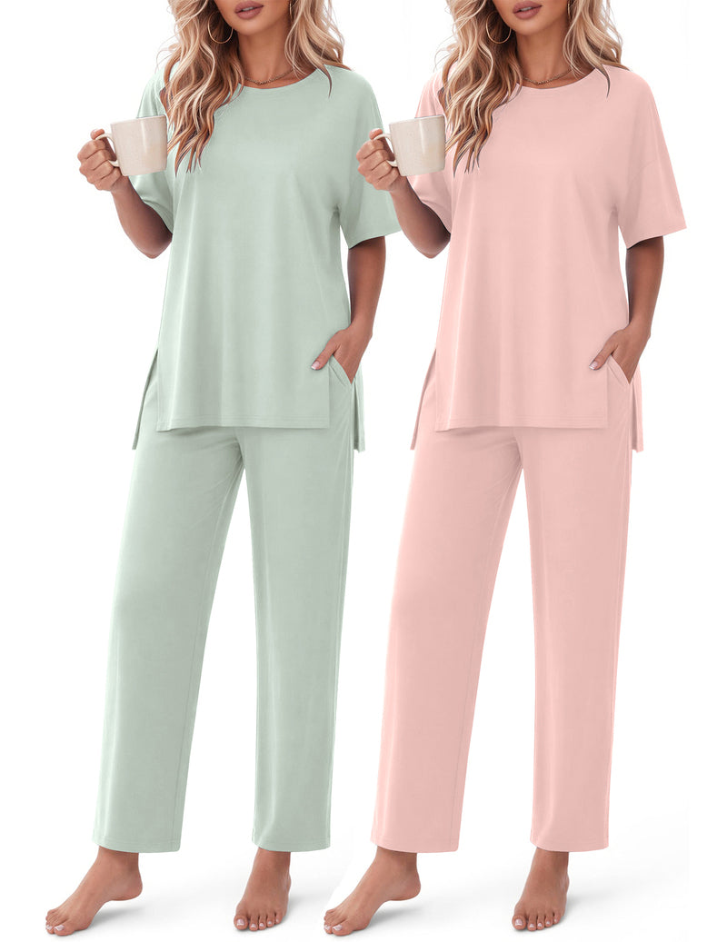 2-piece lounge set in mint green and blush pink, short-sleeve tops with straight-leg pants