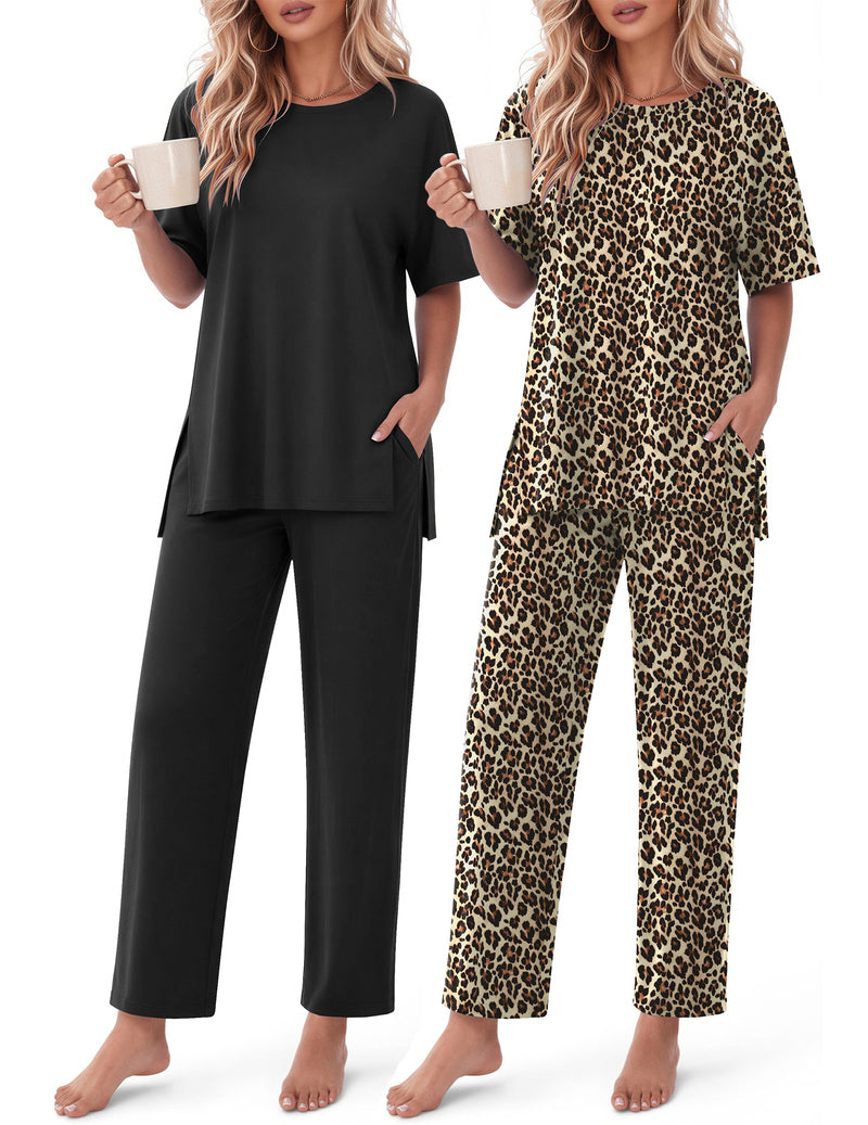 2-piece lounge set in black and leopard print, short-sleeve tops with straight-leg pants